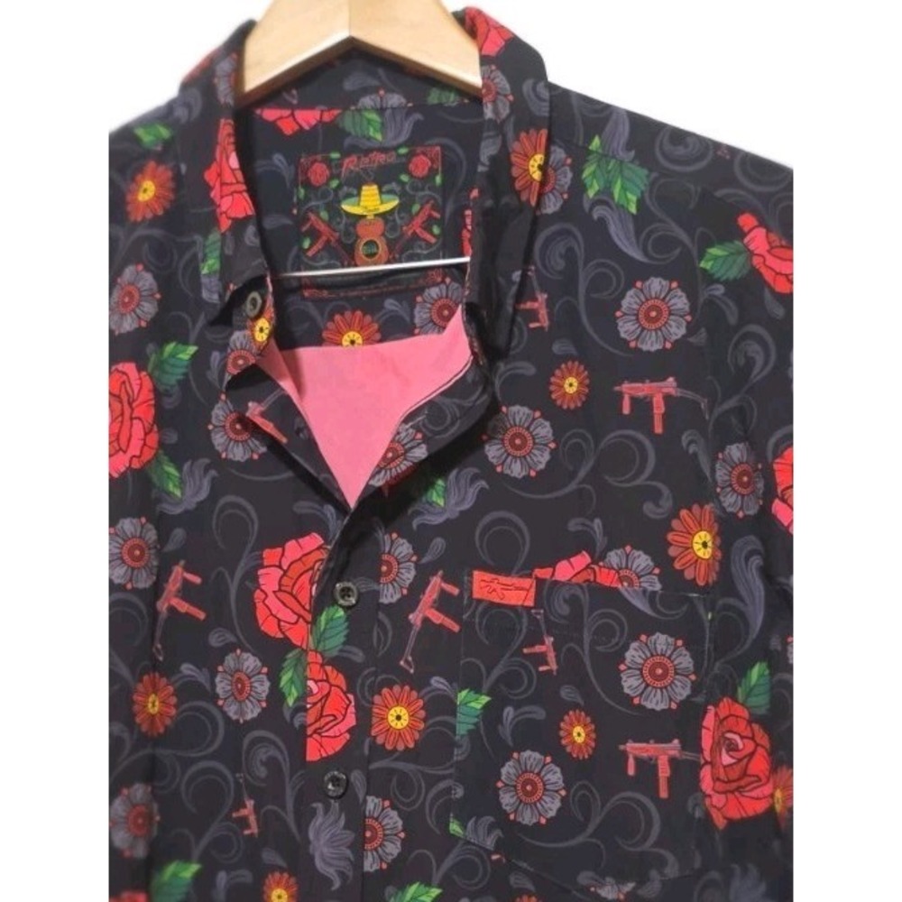 Retro Rifle Fiesta GUNS & ROSES Button Down Shirt Men 2XL‎ Hawaiian Floral Polo